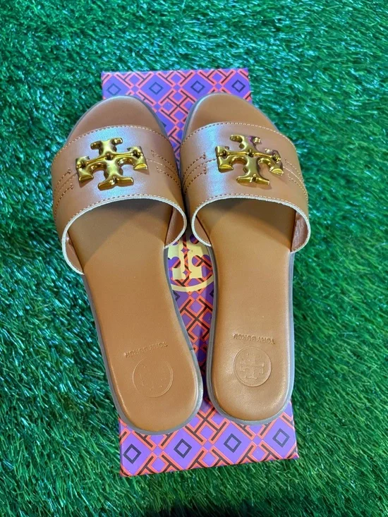 Tory Burch Tan Miller Slide Sandals with Gold Logo - Picture 2 of 5